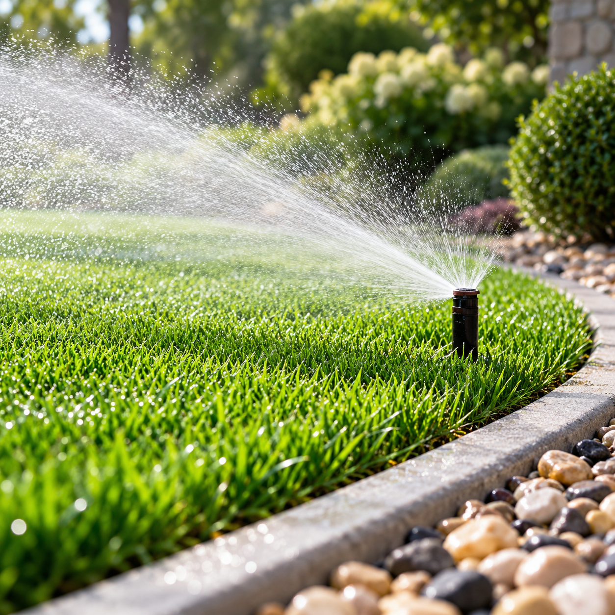 Smart irrigation sprinkler watering a lawn beside a stone-edged pebble border